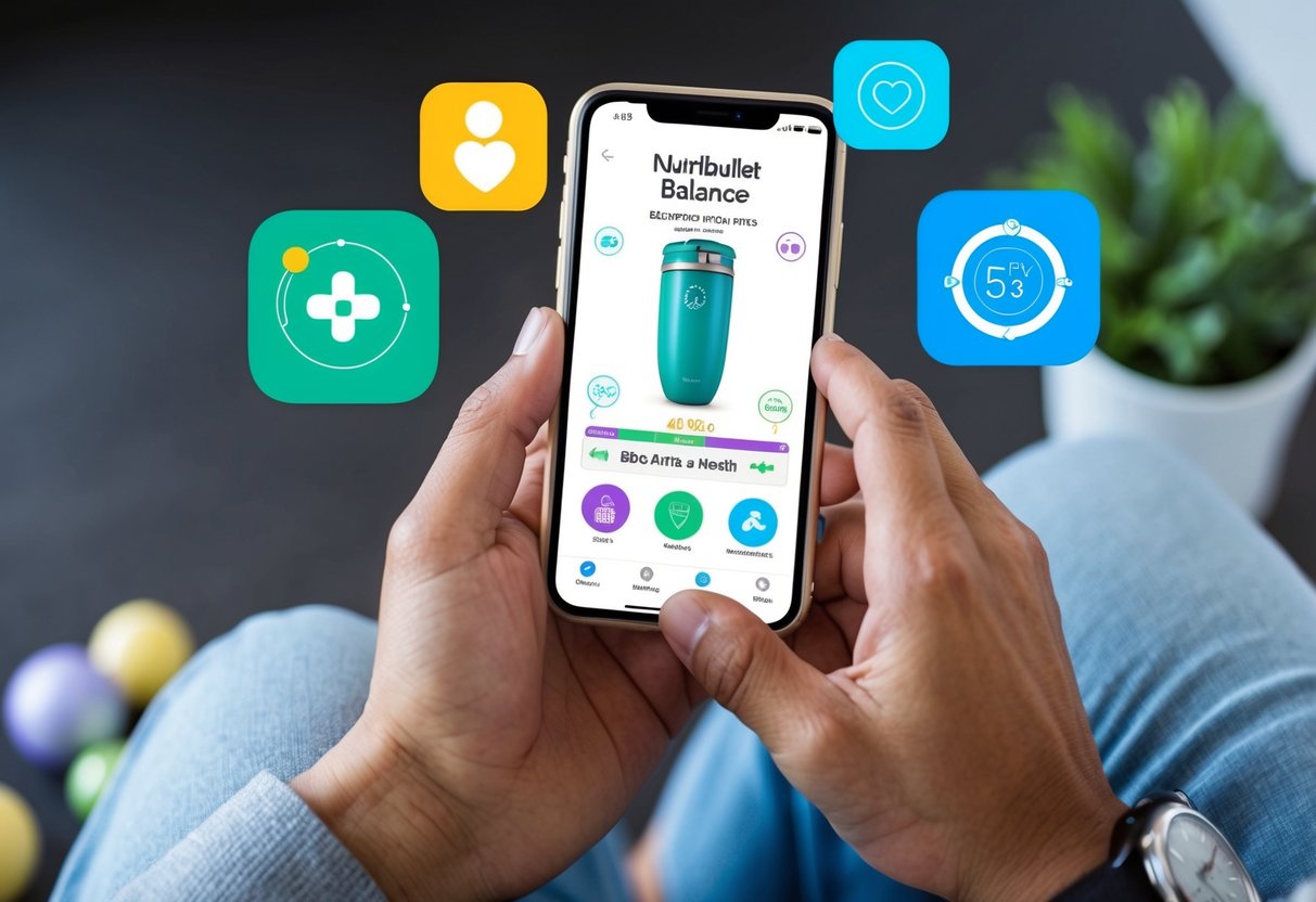 A parent using the NutriBullet Balance app to track their child's physical health, surrounded by various health monitoring apps on a smartphone screen