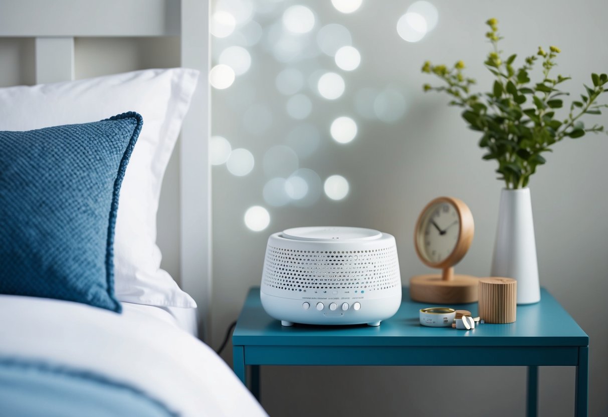 A serene bedroom with a white noise machine on a nightstand, surrounded by other tools for creating a healthy sleep routine for a family