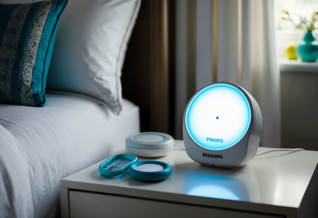 A serene bedroom with a Philips SmartSleep Wake-up Light Therapy Alarm Clock on a nightstand, surrounded by calming sleep-inducing tools