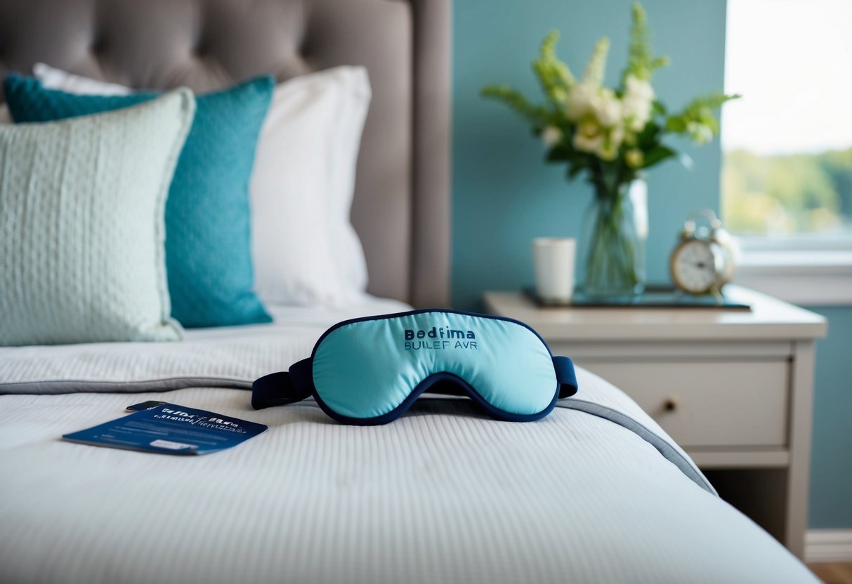 A serene bedroom scene with a cozy bed, soft pillows, and a bedside table with the Bedtime Bliss Adjustable Sleep Mask and other sleep tools