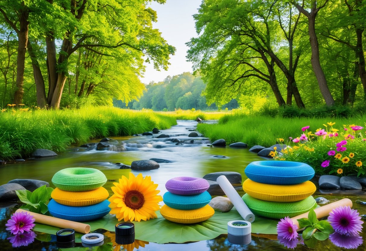 A serene nature scene with a peaceful stream, lush green trees, and colorful flowers, surrounded by seven mindfulness and relaxation tools