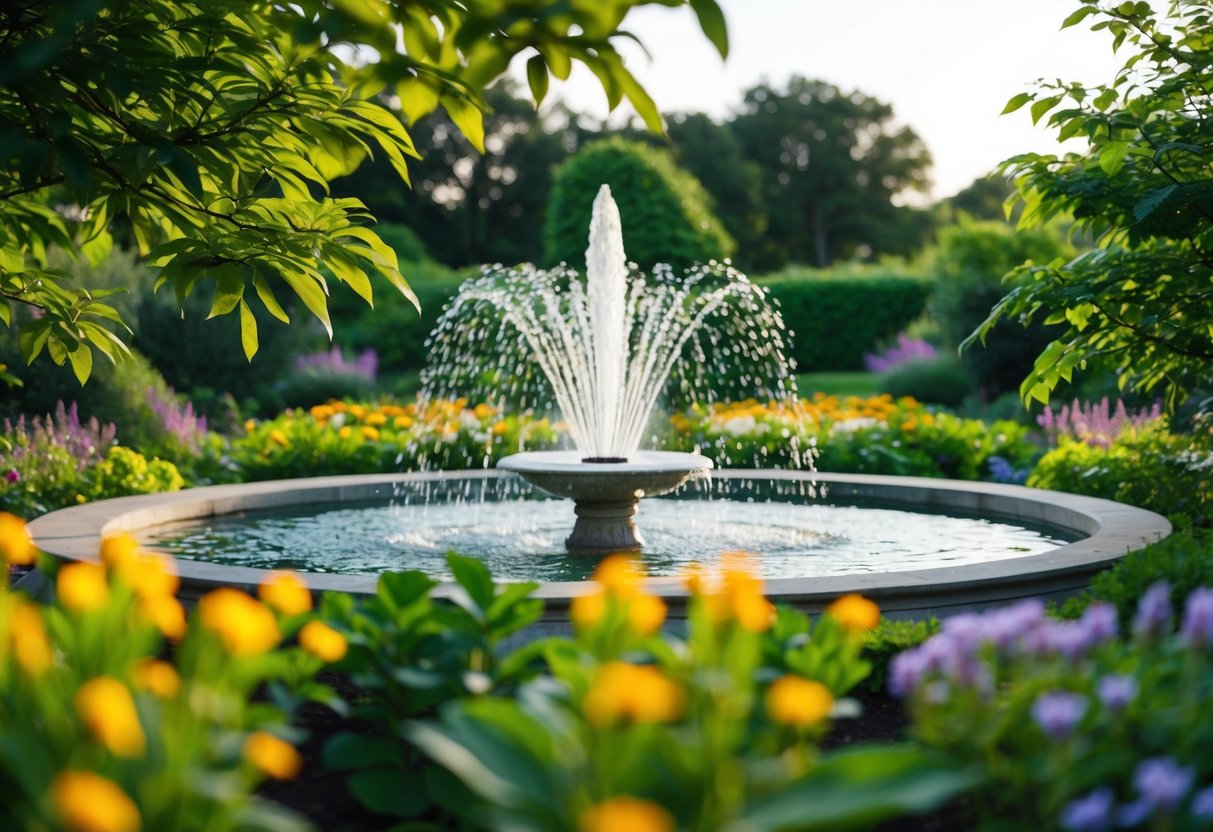 A serene garden with a bubbling fountain, surrounded by lush greenery and colorful flowers. A gentle breeze rustles the leaves, creating a peaceful atmosphere for meditation and relaxation