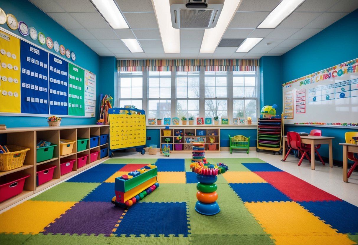 A colorful classroom with sensory tools, fidget toys, visual schedules, and a calm corner for children with ADHD