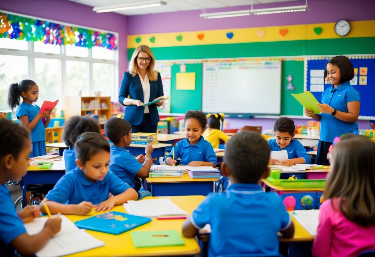 A colorful and vibrant classroom setting with children engaged in various activities, such as reading, drawing, and playing, while a teacher provides support and guidance