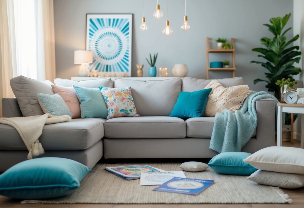 A cozy living room with soft pillows and blankets, a calming color scheme, and a variety of mindfulness tools such as coloring books, meditation cushions, and relaxation music playing in the background