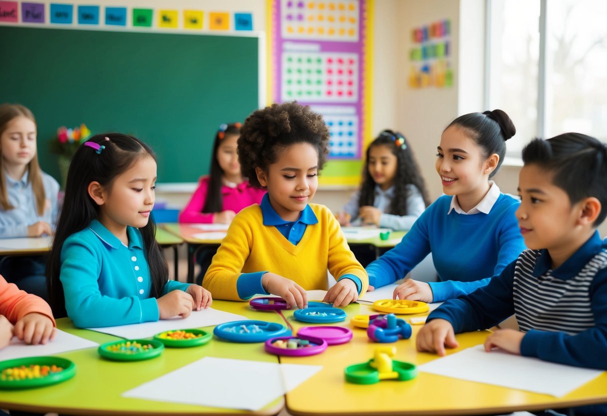 A colorful classroom with visual aids and fidget tools, a calm and structured environment with supportive adults and peers