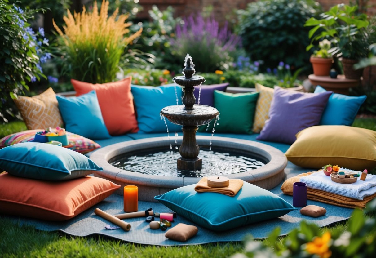 A serene garden with a bubbling fountain, colorful cushions, soft blankets, and a variety of mindfulness tools scattered around for families to practice relaxation and meditation together