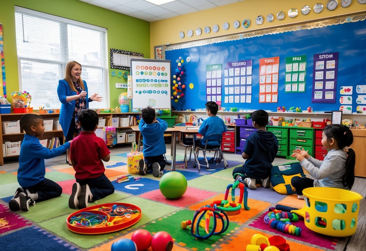 A colorful classroom with sensory tools, fidget toys, visual schedules, and a calm corner. A teacher and students engage in interactive and hands-on learning activities