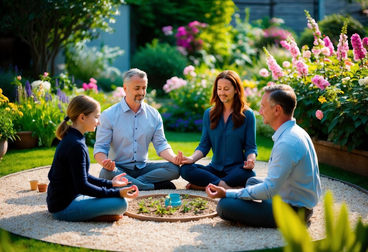 A peaceful garden with a family of four sitting in a circle, surrounded by blooming flowers and lush greenery, engaging in mindfulness activities together