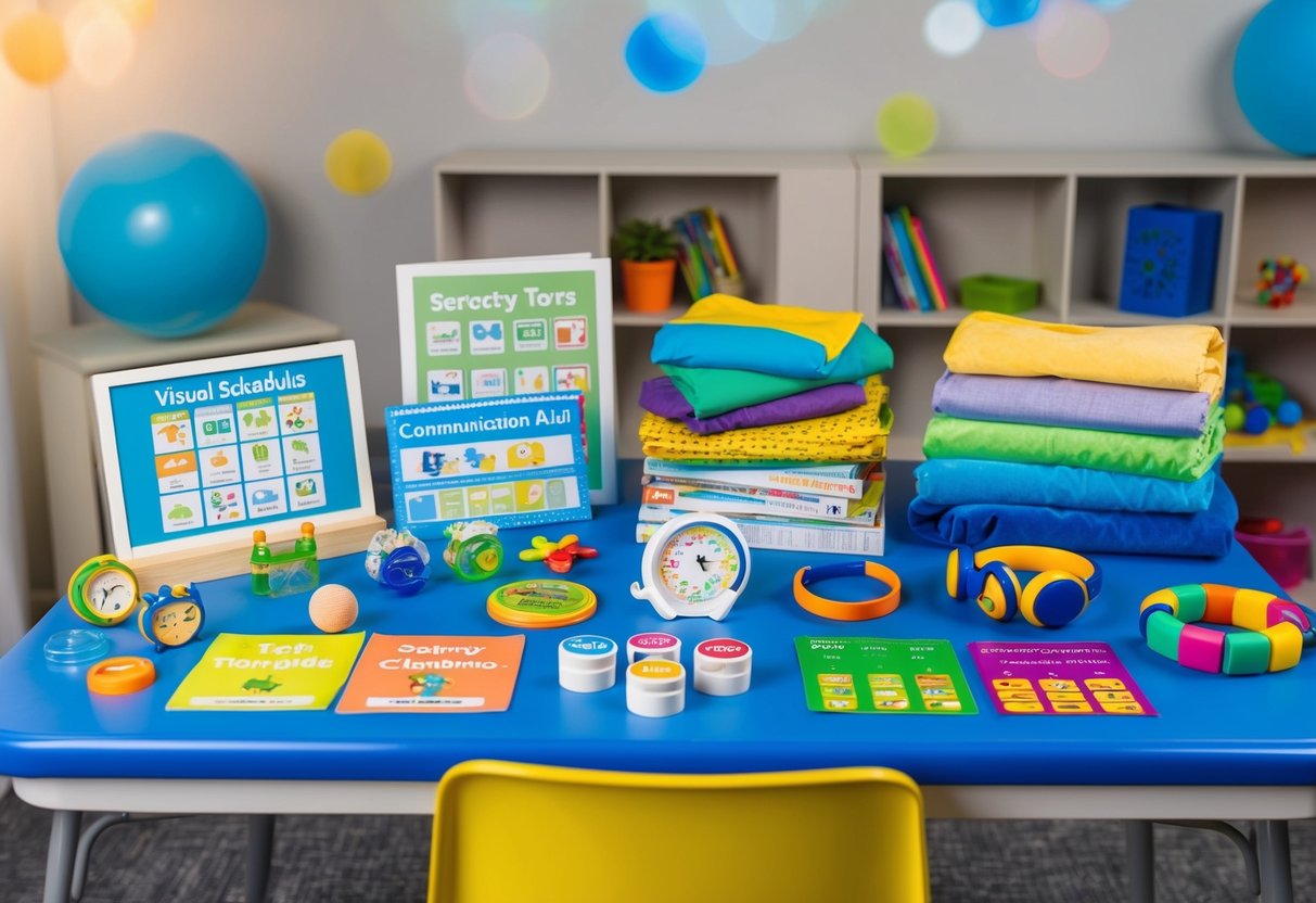 A table with various tools: visual schedules, sensory toys, communication aids, social stories, weighted blankets, noise-canceling headphones, fidget toys, timers, behavior charts, and visual timers