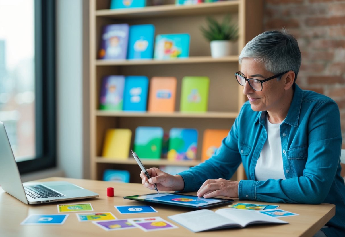 A parent selects and organizes visual tools from a digital library for creating social stories for their child with autism