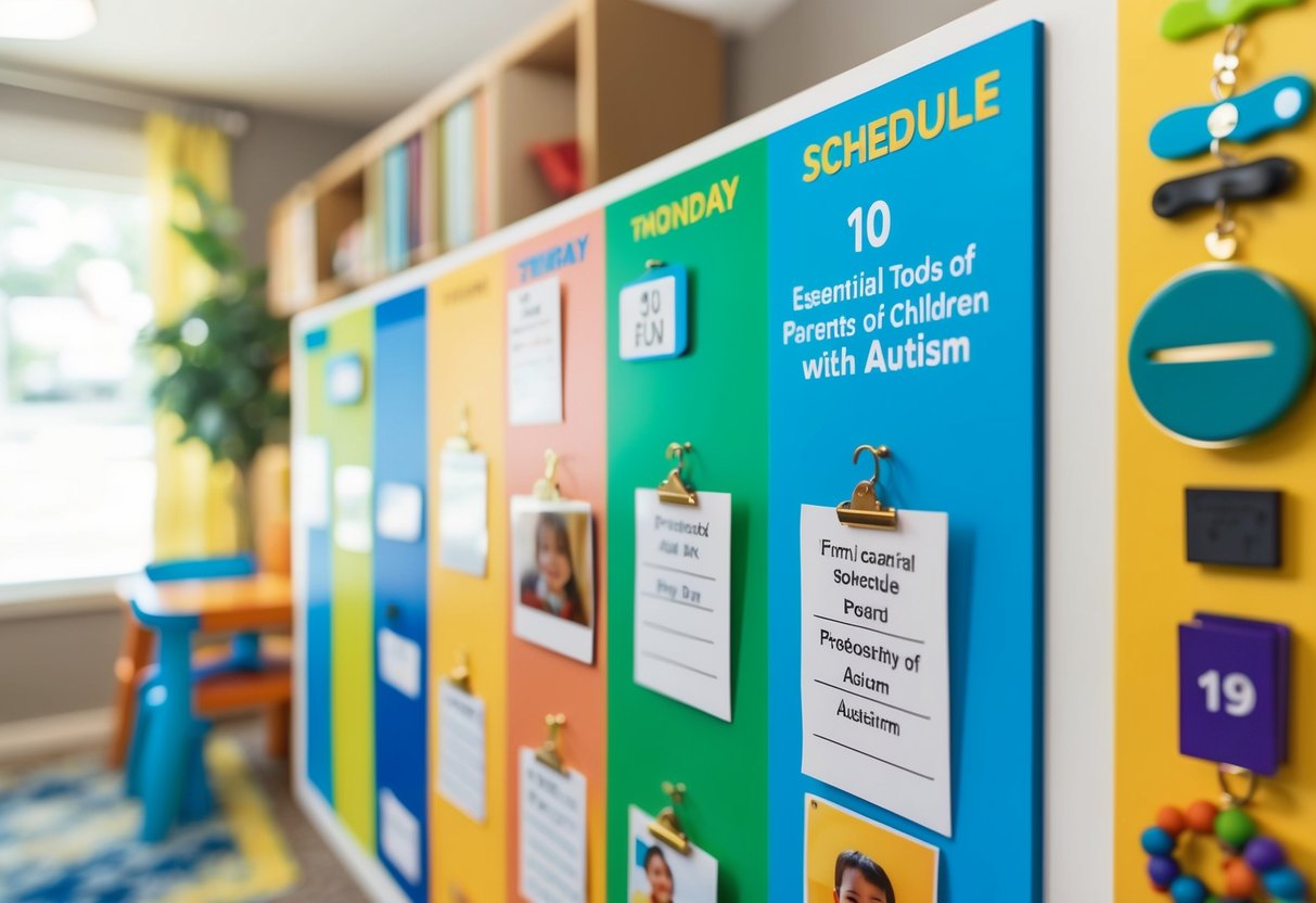 A colorful visual schedule board with 10 essential tools for parents of children with autism, including pictures of each tool arranged in a clear and organized manner