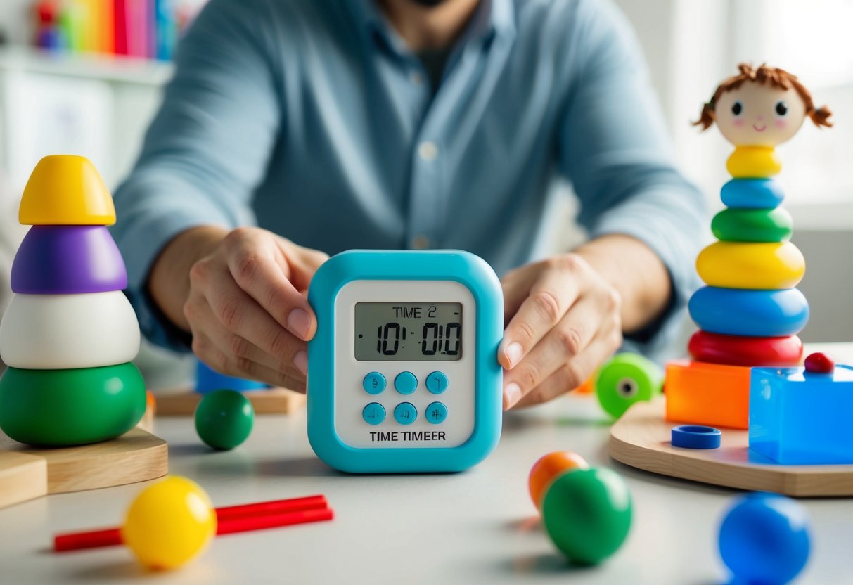 A parent setting up the Time Timer MOD 10 while surrounded by sensory toys and visual schedules