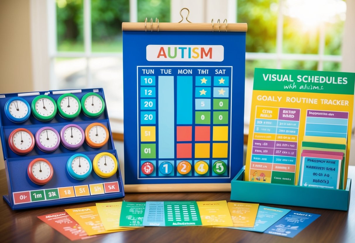 A colorful array of visual schedules, timers, and reward charts for children with autism, displayed on a table with a Goally Routine Tracker