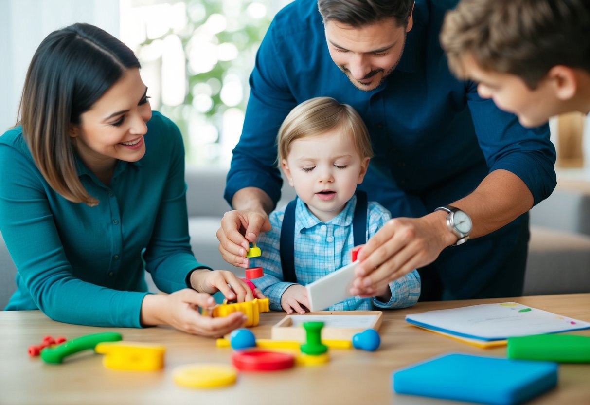 A parent using various tools to help their child with speech and language delays