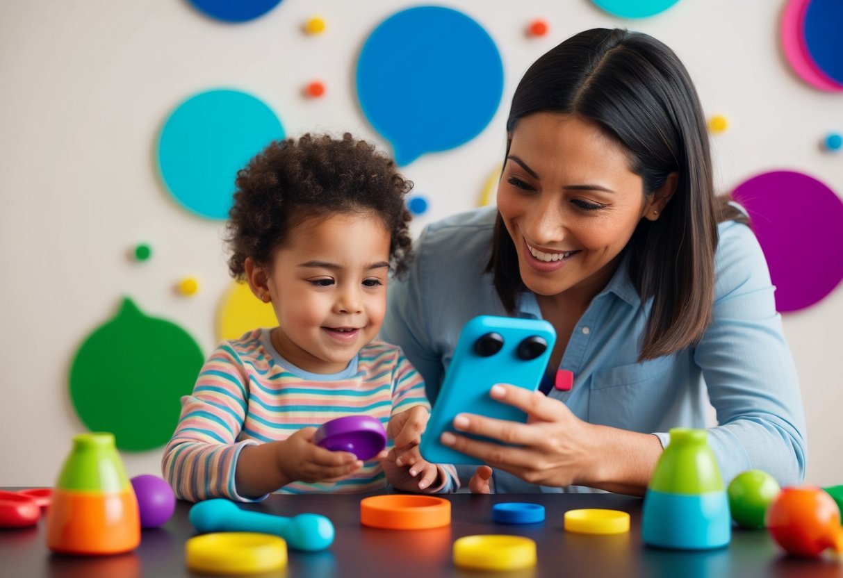 A parent using Speech Blubs app with child, surrounded by colorful speech and language tools