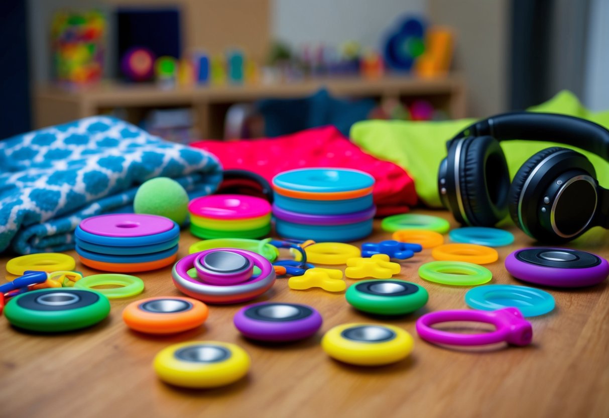 A colorful array of sensory tools, including fidget spinners, weighted blankets, and noise-canceling headphones, arranged on a table