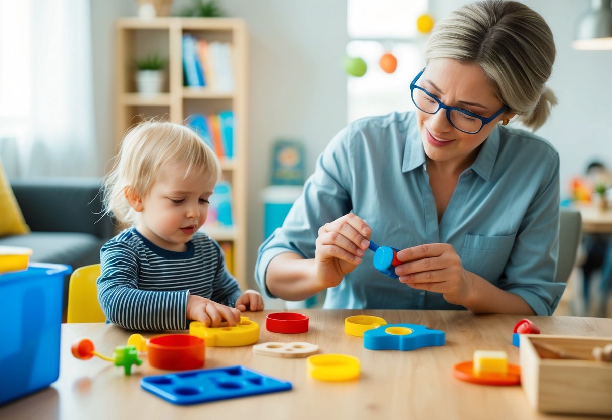 A parent using various tools to help their child with speech and language delays