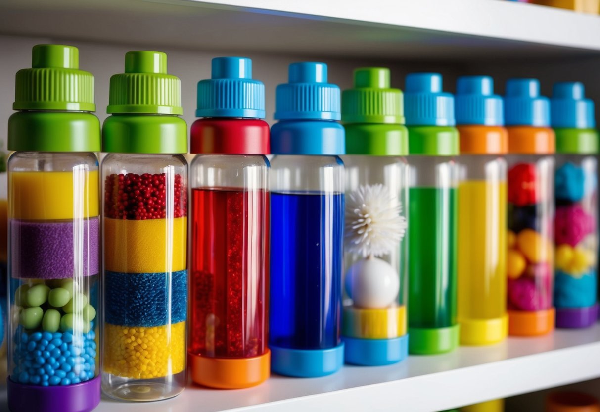 A collection of colorful sensory bottles arranged on a shelf, with various textures and materials inside, ready to help parents manage sensory processing issues