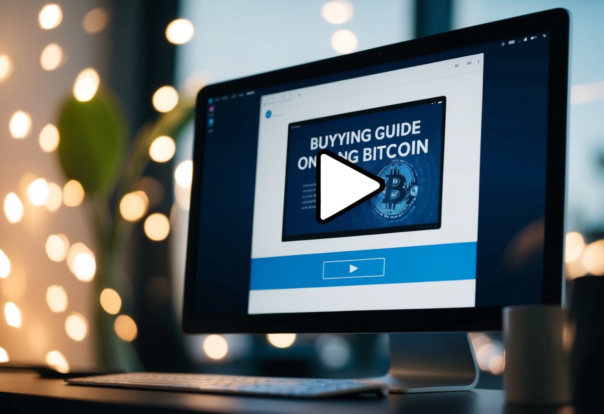 A computer screen with a play button, displaying a video guide on buying bitcoin