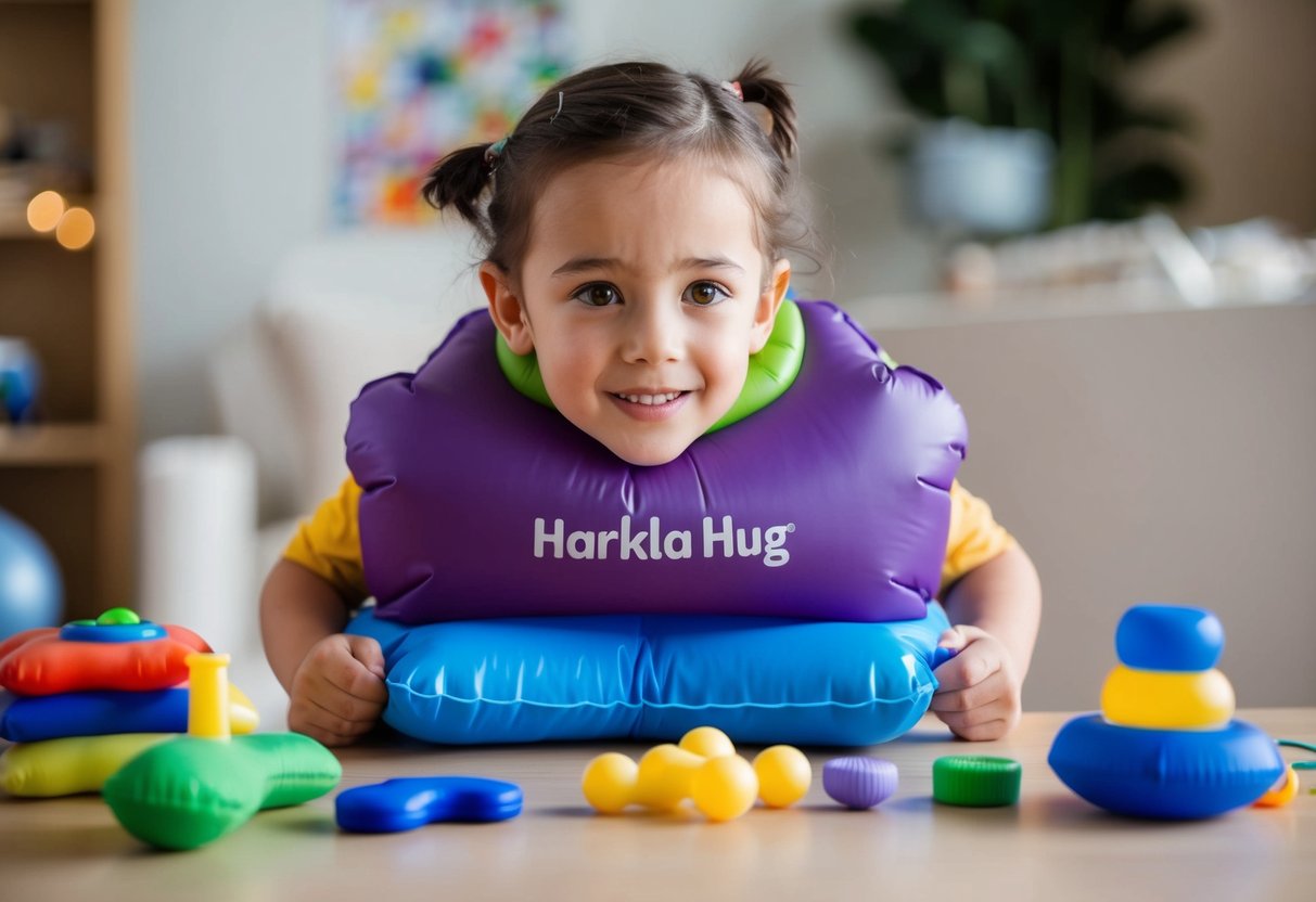 A child wearing the Harkla Hug Inflatable Sensory Compression Vest while engaging with various sensory tools