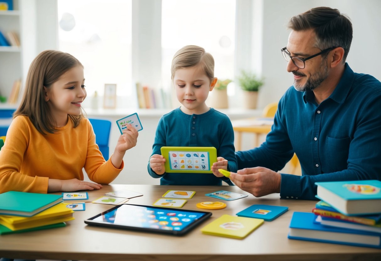 A parent sits at a table surrounded by speech therapy tools, including flashcards, books, and a tablet with speech apps