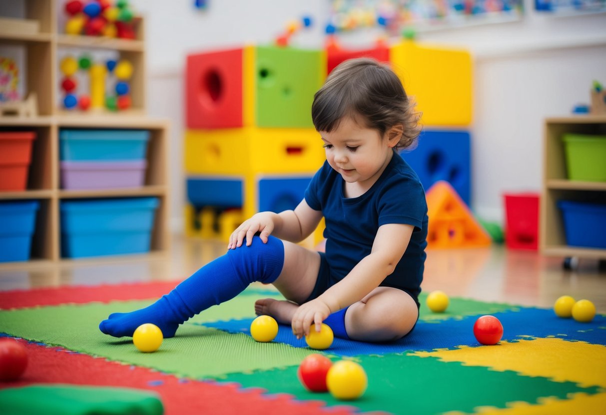 A child playing with sensory tools, including a body sock, in a colorful, stimulating environment