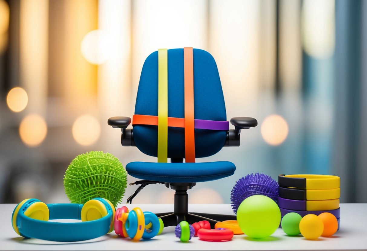 A chair with Bouncy Bands attached, surrounded by sensory tools like fidget toys, noise-cancelling headphones, and stress balls