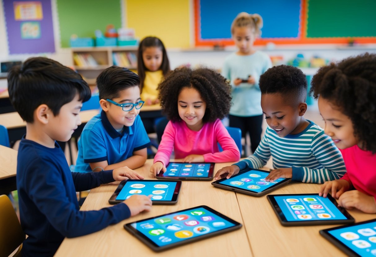 A group of children with diverse abilities using various educational apps on tablets in a colorful and engaging classroom setting