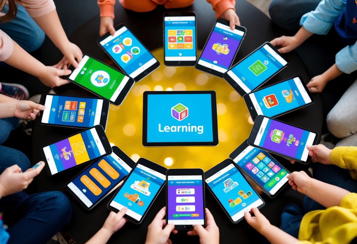 A group of colorful educational apps arranged in a circle, each displaying a different learning activity