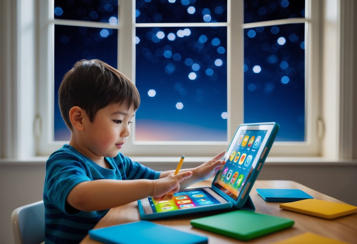 A child with learning disabilities uses a tablet, surrounded by colorful educational apps. A starry night sky is visible through a window