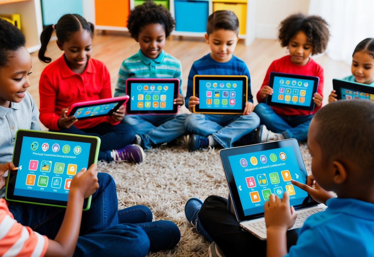 A diverse group of children using tablets and laptops with educational apps displayed on the screens. Bright colors and engaging graphics