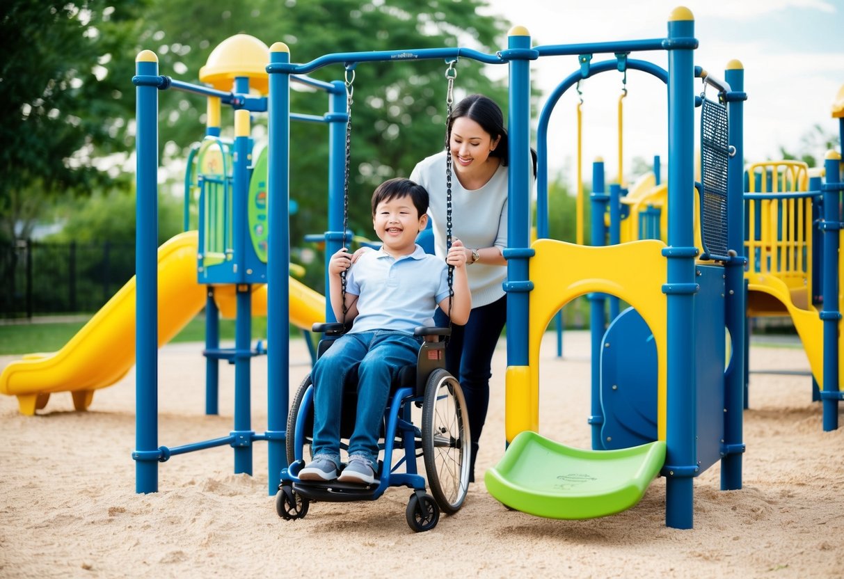 A playground with wheelchair-accessible swings, ramps, and sensory play equipment. A parent and child with physical disabilities are enjoying the inclusive space