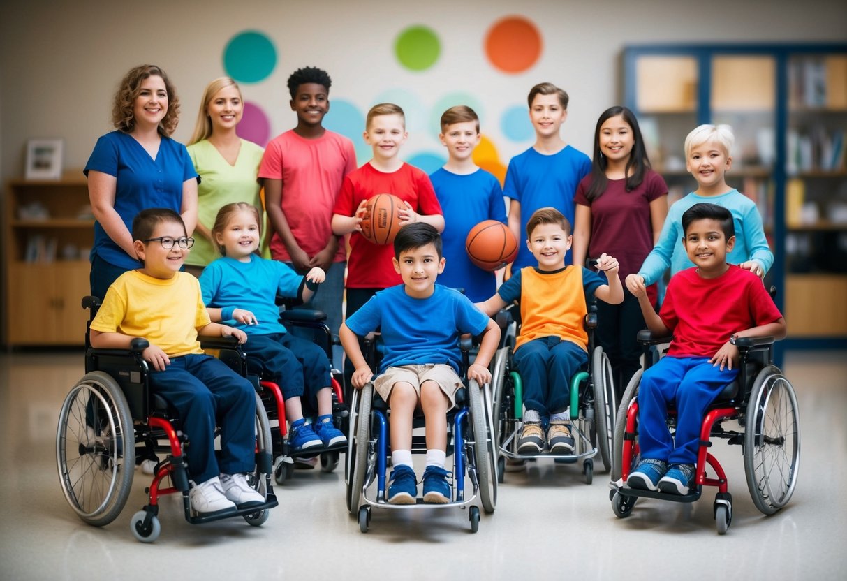 A diverse group of children with physical disabilities engaging in activities such as therapy, sports, and education, supported by parents and caregivers