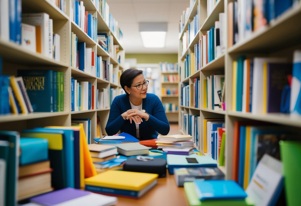 A parent navigating through a maze of resources, including books, support groups, therapy tools, and educational materials, to help address the challenges of special needs parenting