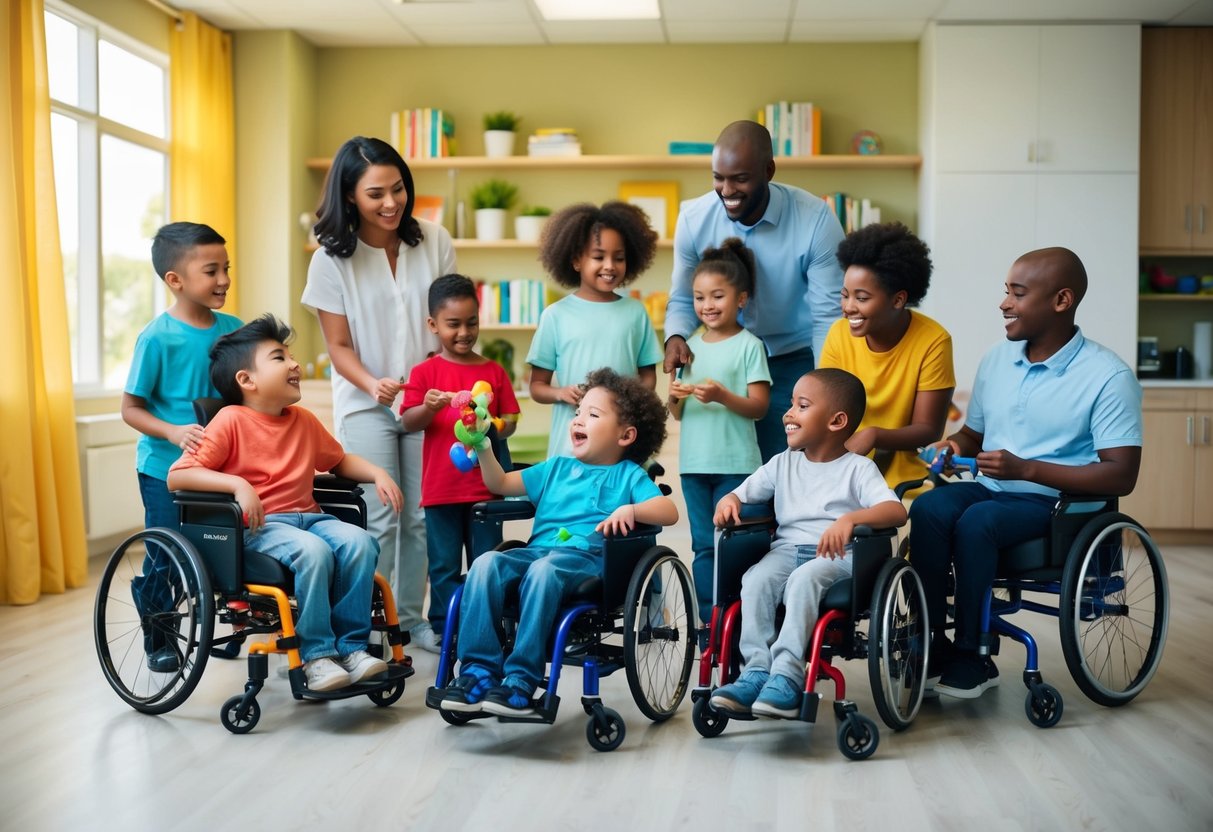 A diverse group of children with physical disabilities engage in activities with supportive parents and caregivers in a resourceful and inclusive environment