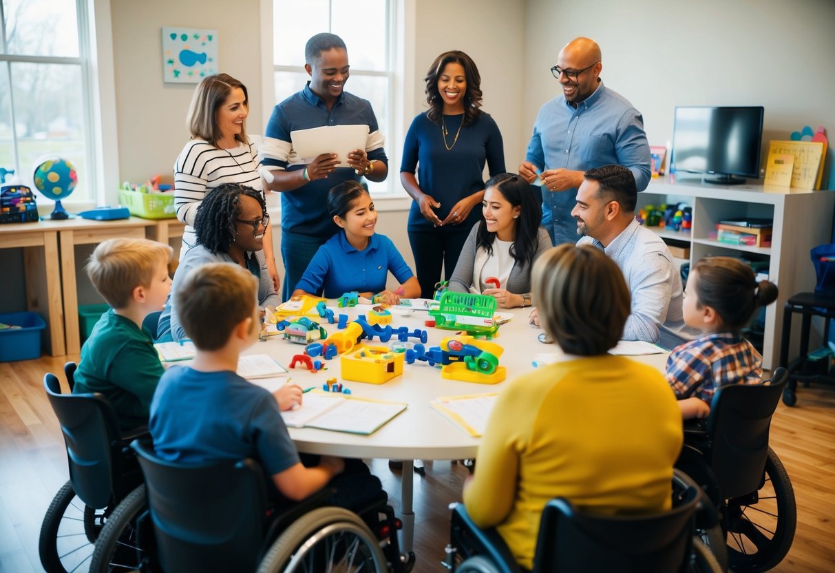 A group of parents gather around a table, sharing resources and support for children with physical disabilities. Adaptive equipment and educational materials are scattered around the room