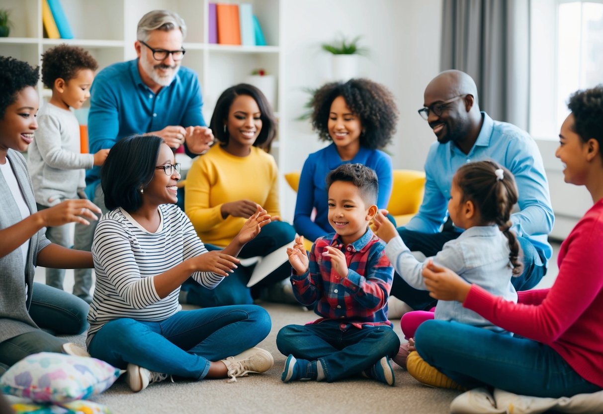 A diverse group of parents and children engaging in various activities, such as therapy sessions, support groups, and educational workshops