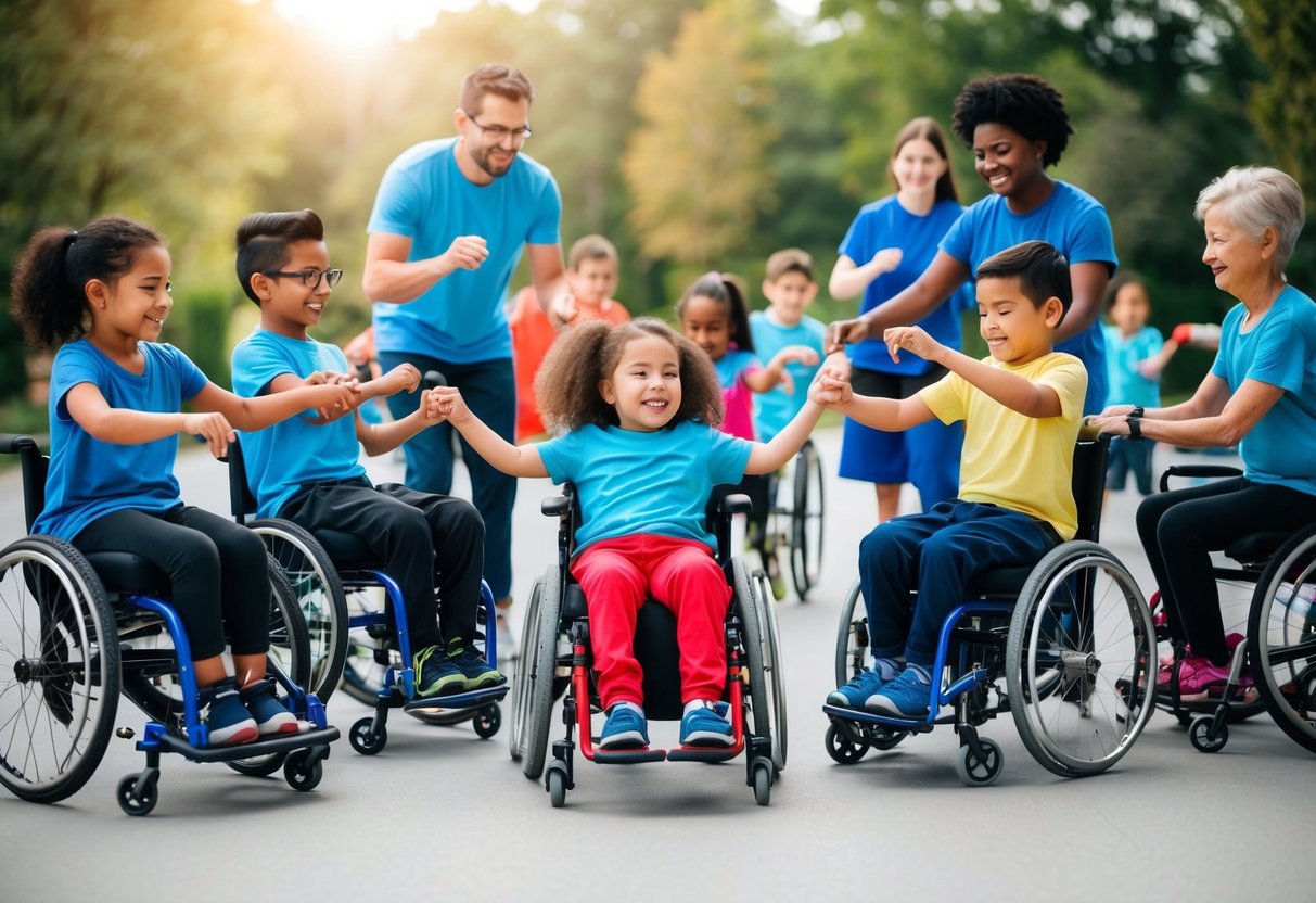 A diverse group of children with physical disabilities engaging in various physical activities, supported by parents and caregivers