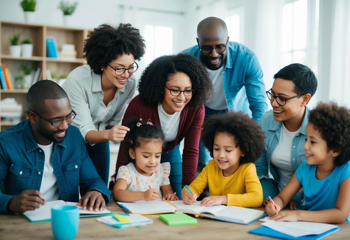 A diverse group of parents and children engage in various activities, from learning at home to seeking support and resources