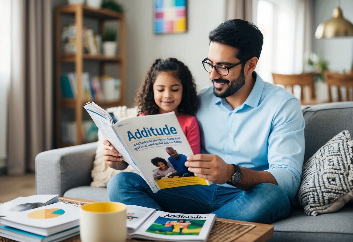 A cozy living room with a parent reading ADDitude Magazine, surrounded by helpful resources for special needs parenting