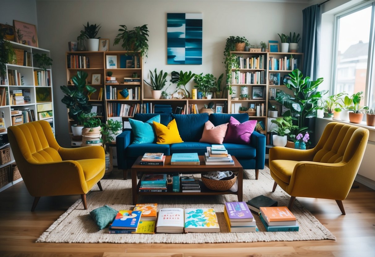 A cozy living room with diverse books, art supplies, plants, and comfortable seating arranged in a welcoming and inclusive manner