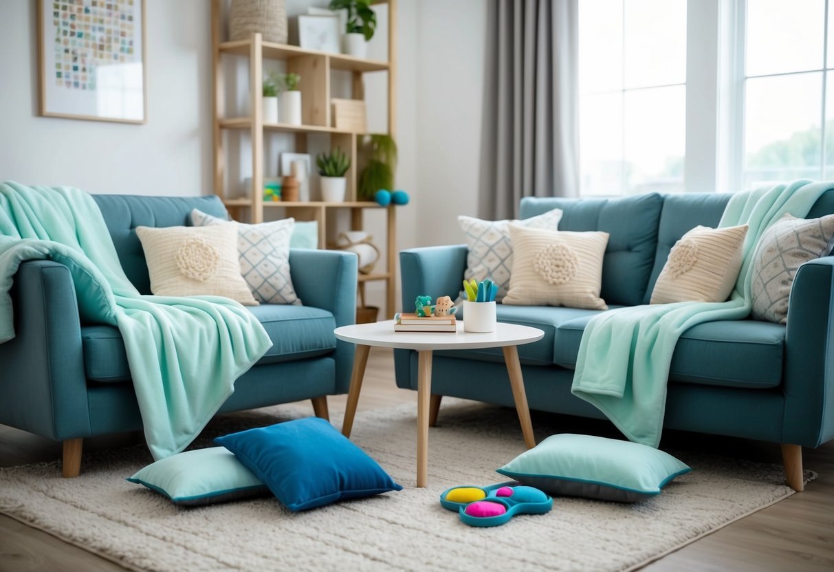 A cozy living room with soft, sensory-friendly blankets draped over furniture, surrounded by calming tools like weighted pillows and fidget toys