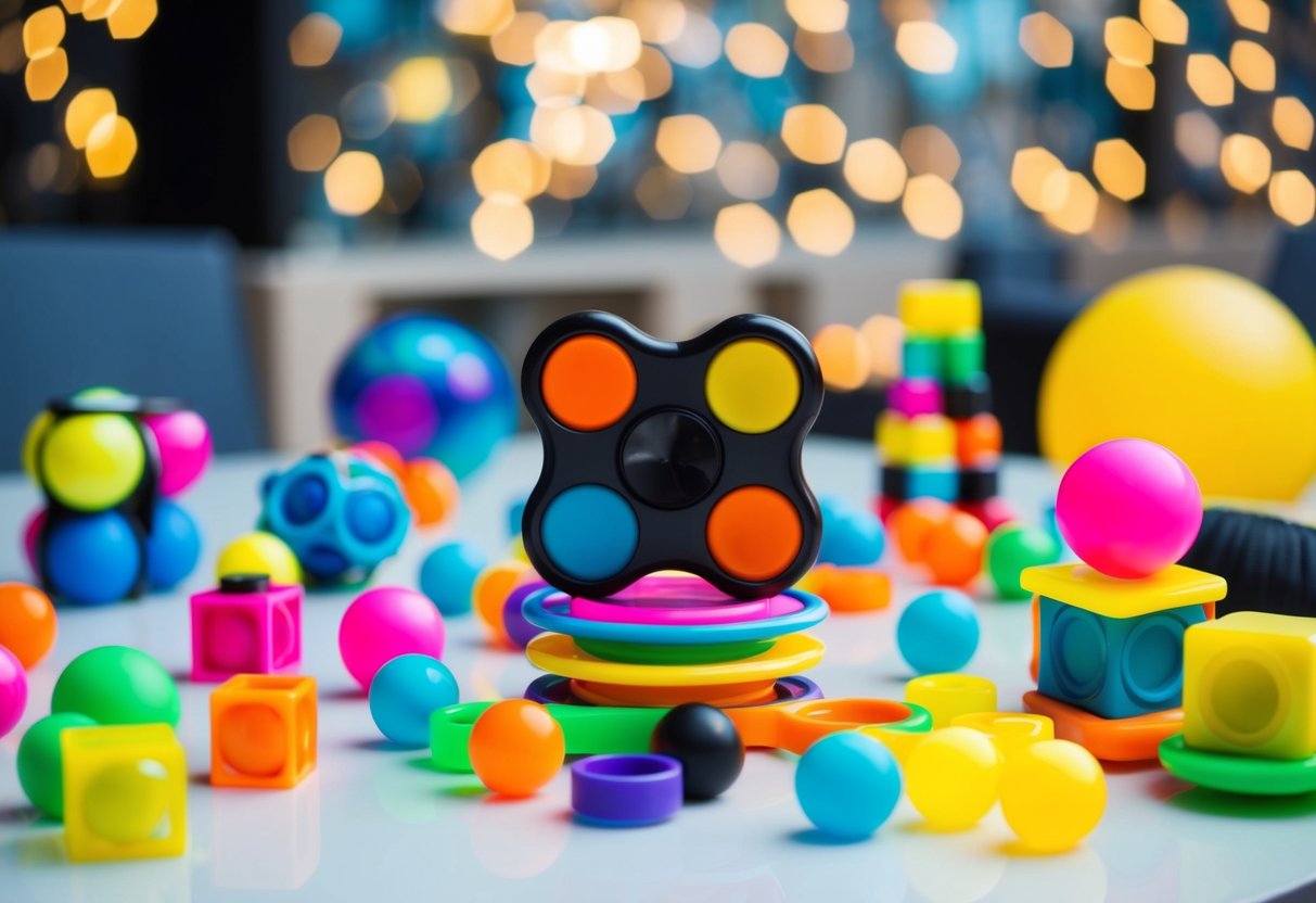 A variety of fidget toys scattered on a table, including spinners, cubes, and squishy balls, creating a colorful and inviting environment