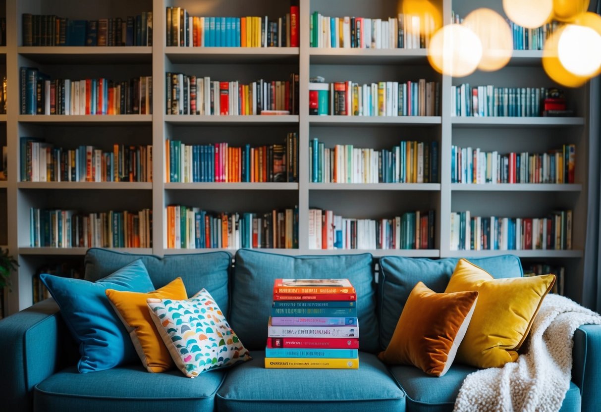 A cozy living room with a diverse collection of storybooks on a shelf, surrounded by colorful cushions and soft blankets