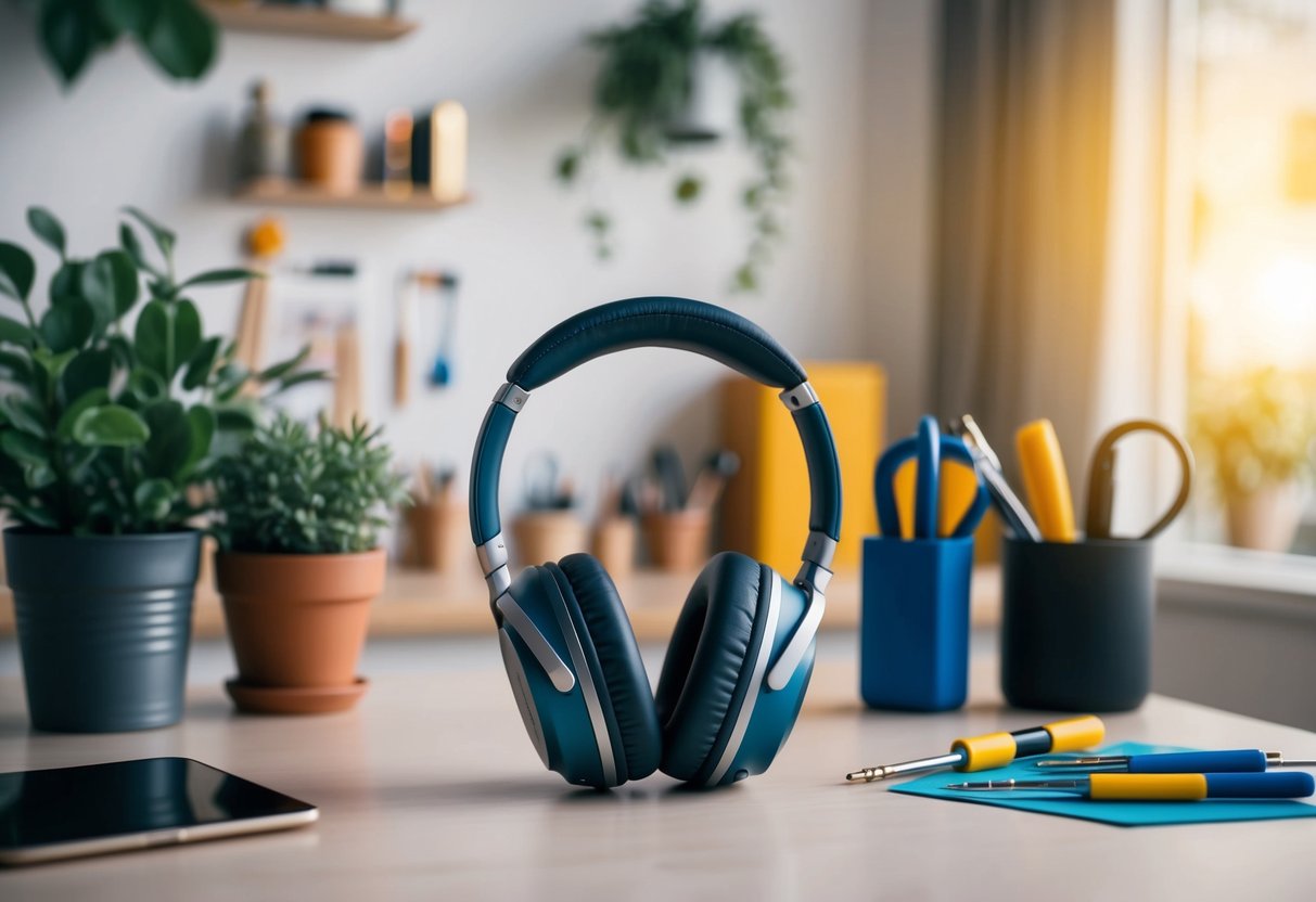 A cozy home setting with a pair of noise-canceling headphones placed on a desk alongside various tools symbolizing inclusivity