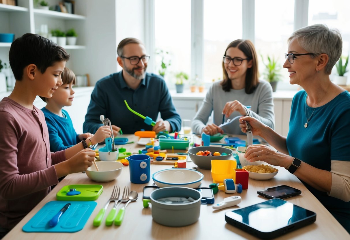 A family sits around a table with adaptive utensils, communication devices, sensory tools, and medical equipment scattered around them