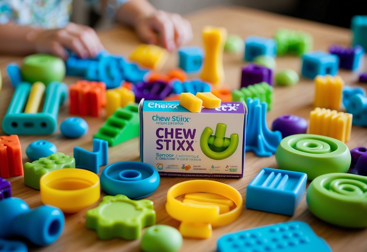 A variety of Sensory Chews by Chew Stixx are scattered across a table, surrounded by other tools designed to make daily life easier for families with special needs