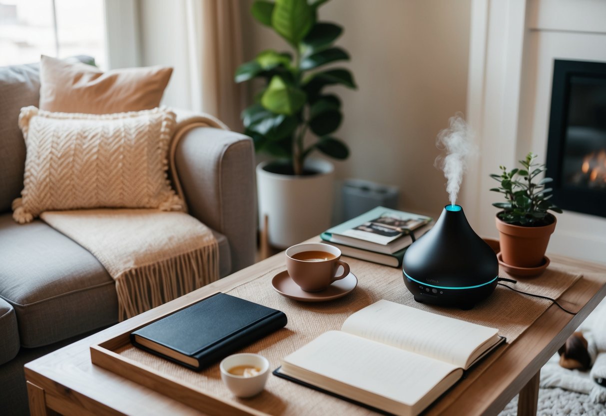 A cozy living room with a comfortable armchair, a warm blanket, a cup of tea, a journal, a photo album, a soothing essential oil diffuser, a soft pillow, a calming music playlist, a potted plant, and a pet sleeping nearby