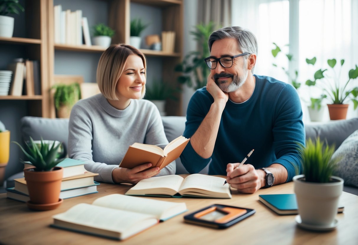 A cozy home with a parent surrounded by calming tools like books, plants, and a journal, creating a peaceful and supportive environment